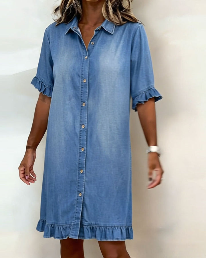 NOVAK® | Udobna Denim Obleka z Laskavim Nabiranjem