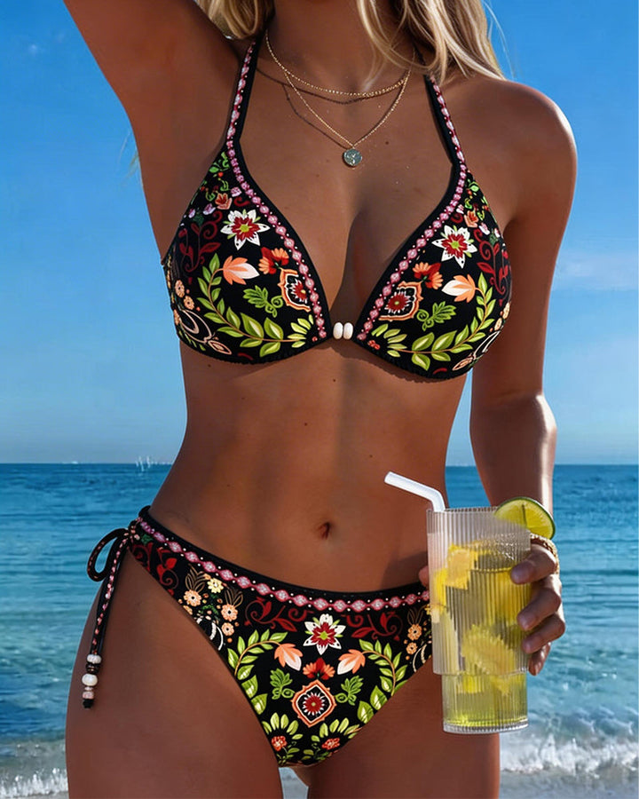 Bikini stil etnični cvetlični ovratnik z vozlom dva kosa