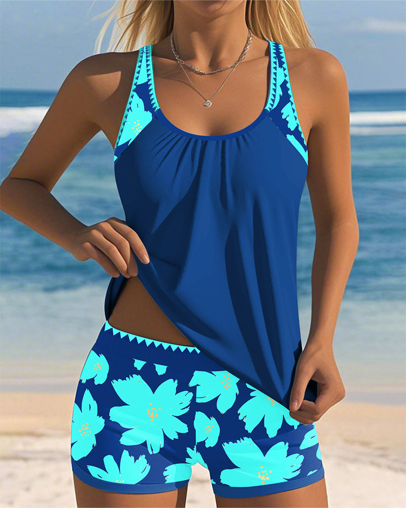 Tankini Décolleté V Obliki Črke U Brez Rokavov S Potiskom Boxer
