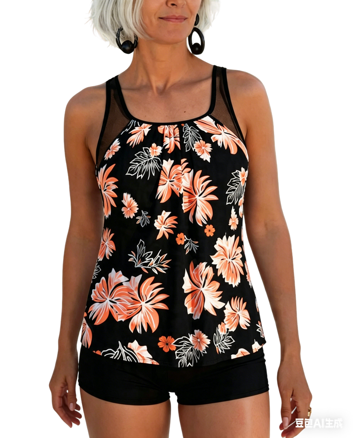 Tankini, ki pokriva trebuh, z vzorcem