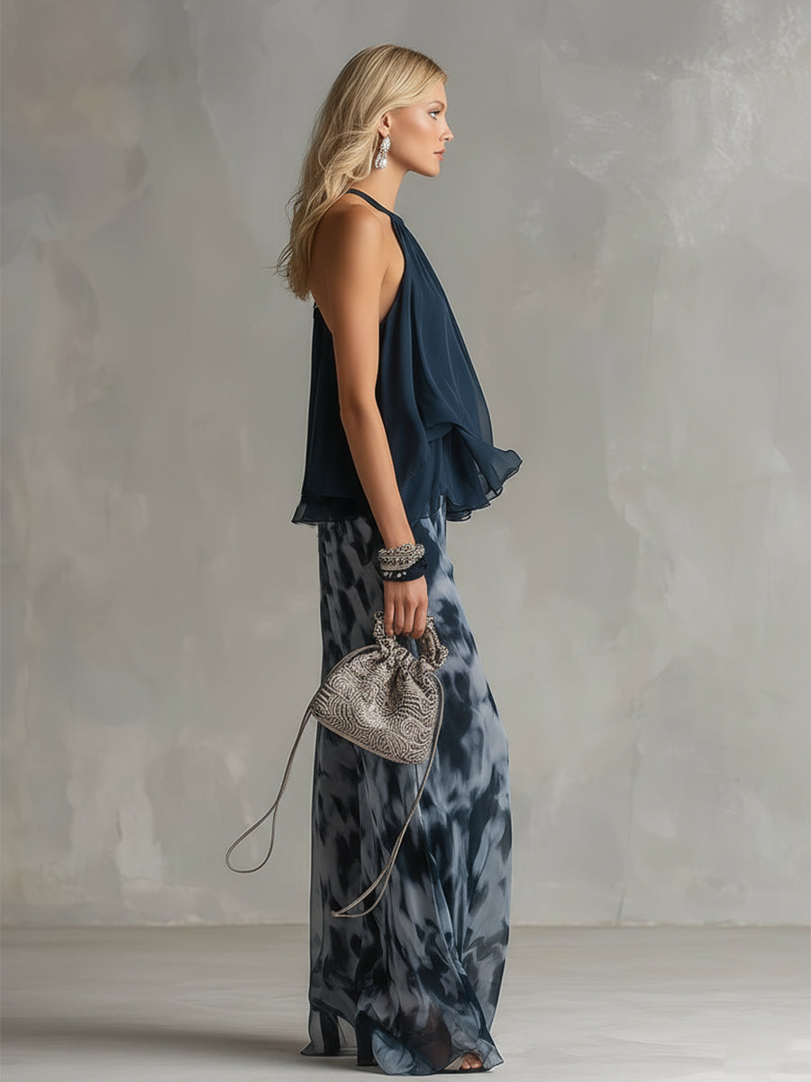 Ludovica | Eleganten Top Halter v Temno Modri Barvi in Široke Hlače z Potiskom