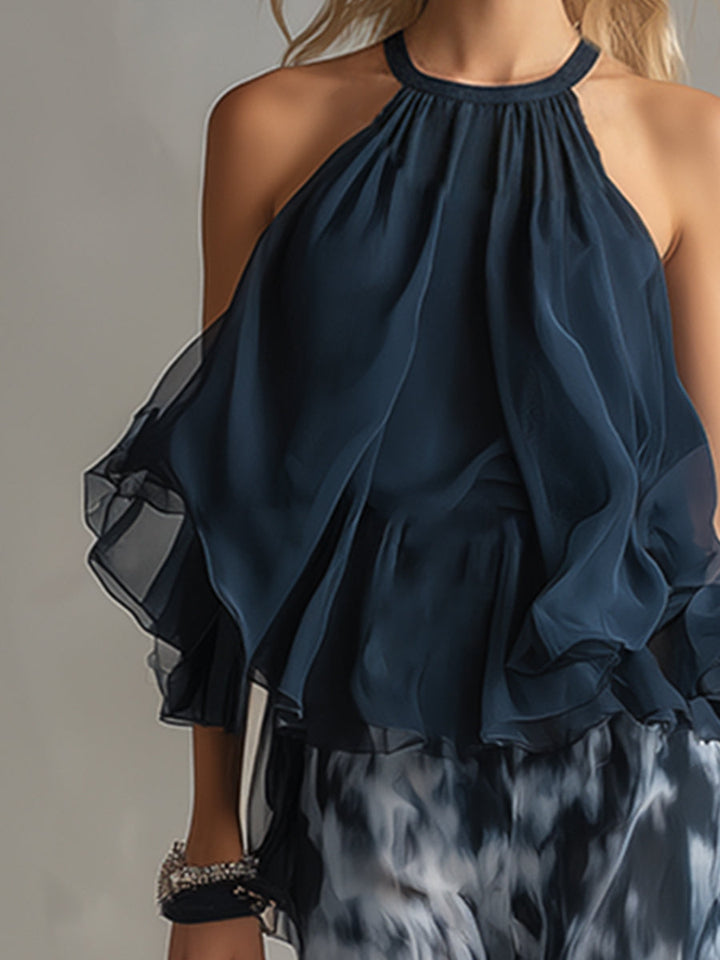 Ludovica | Eleganten Top Halter v Temno Modri Barvi in Široke Hlače z Potiskom