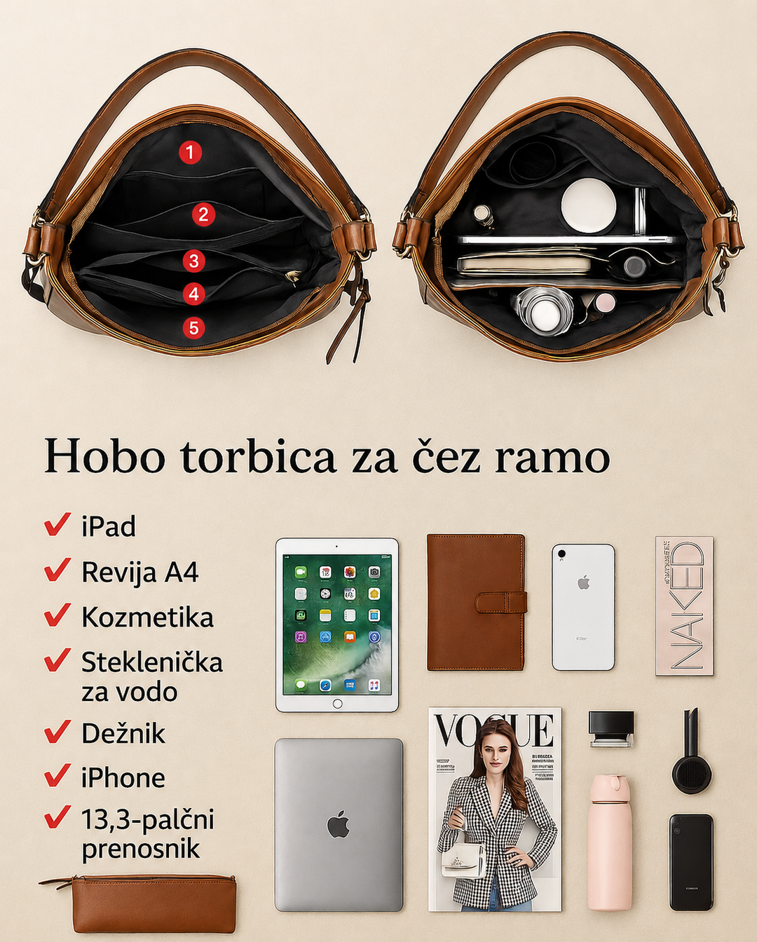 Luksuzna usnjena hobo torba z zaščito proti kraji