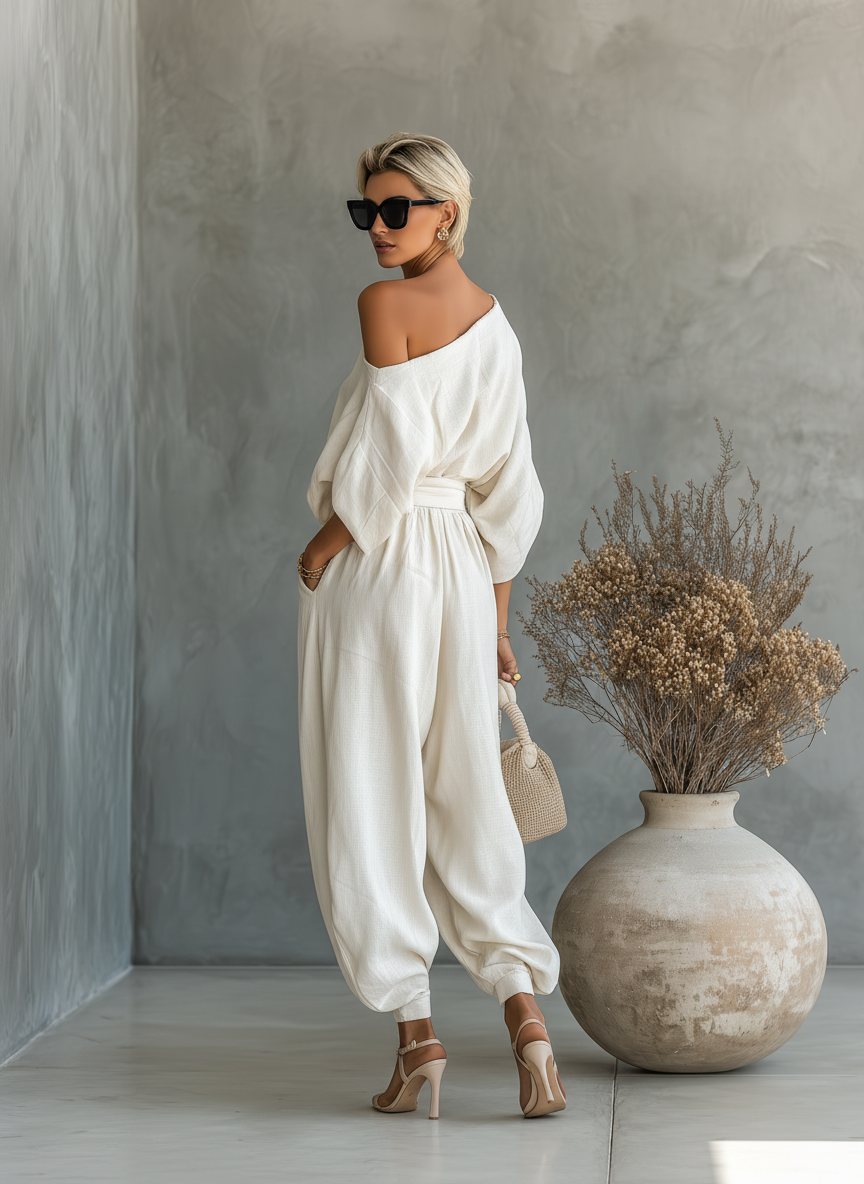 Lisa | Mehka majica z odprtimi rameni in tapered hlače