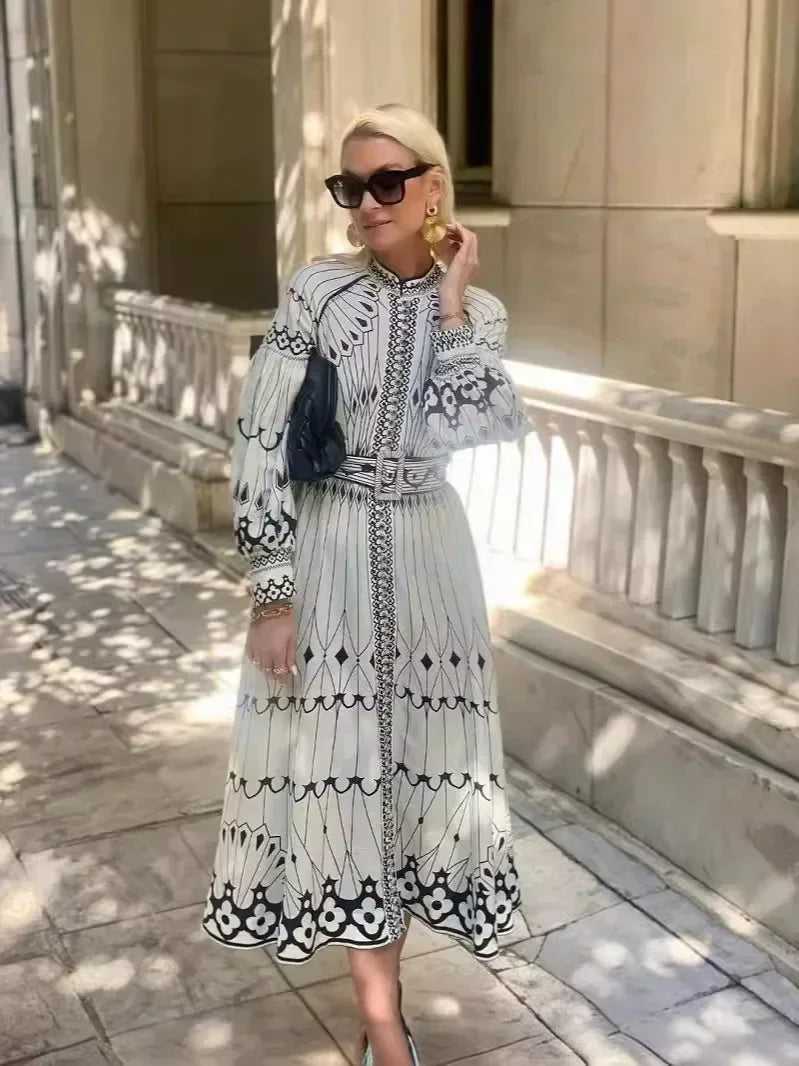 Eulalia - Retro Boho Obleka s Stoječim Ovratnikom