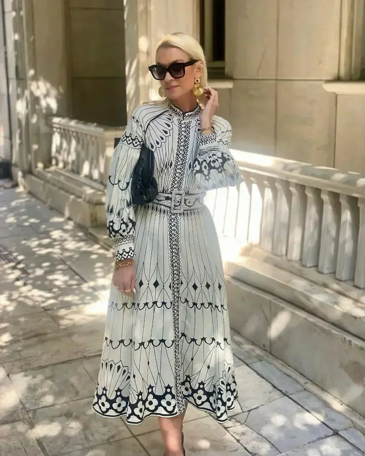 Eulalia - Retro Boho Obleka s Stoječim Ovratnikom