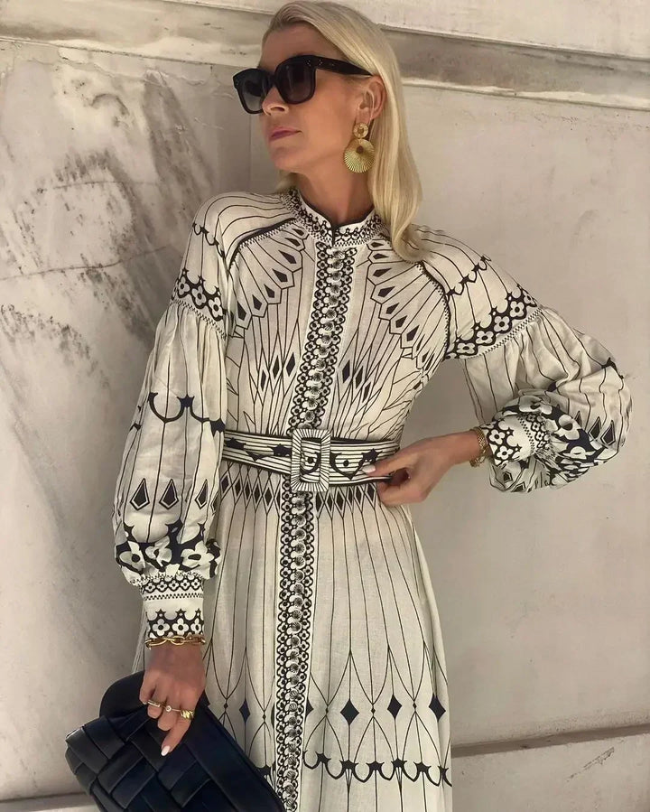 Eulalia - Retro Boho Obleka s Stoječim Ovratnikom