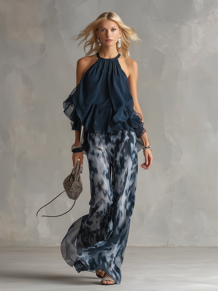 Ludovica | Eleganten Top Halter v Temno Modri Barvi in Široke Hlače z Potiskom