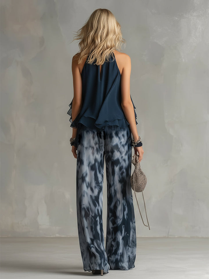 Ludovica | Eleganten Top Halter v Temno Modri Barvi in Široke Hlače z Potiskom
