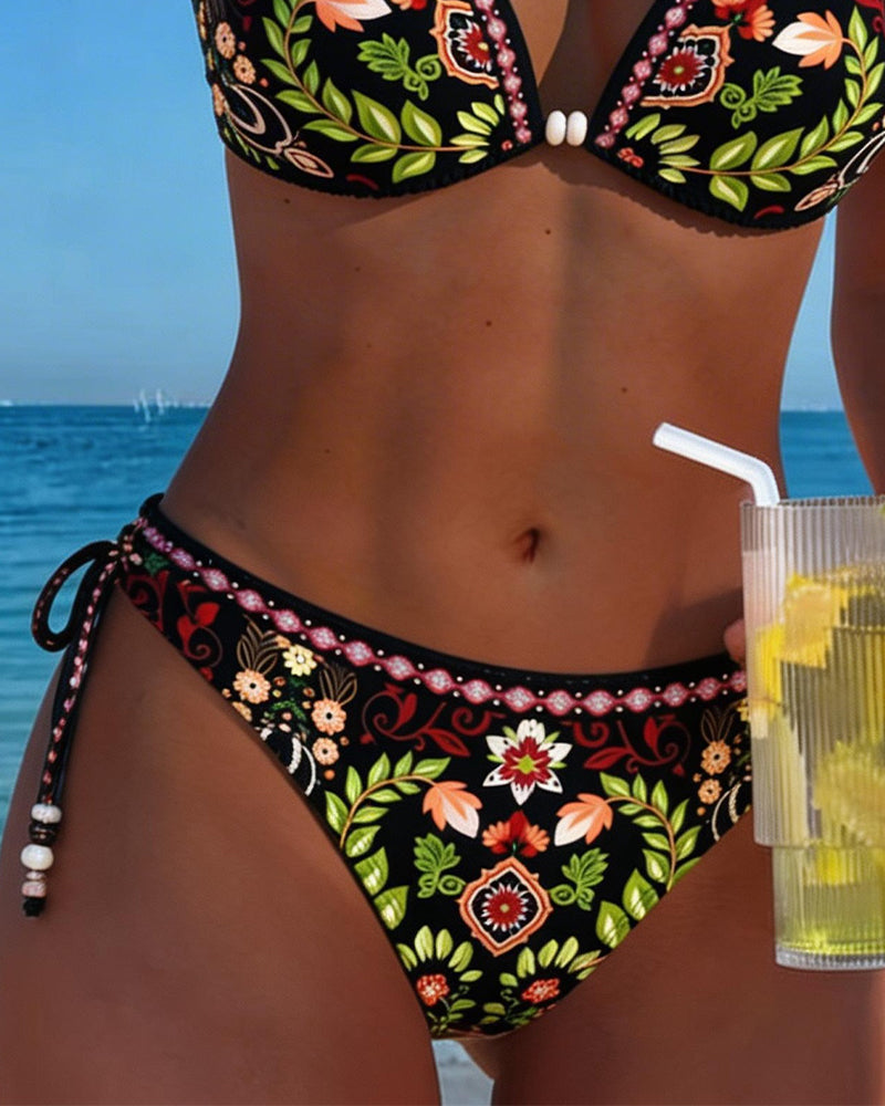 Bikini stil etnični cvetlični ovratnik z vozlom dva kosa