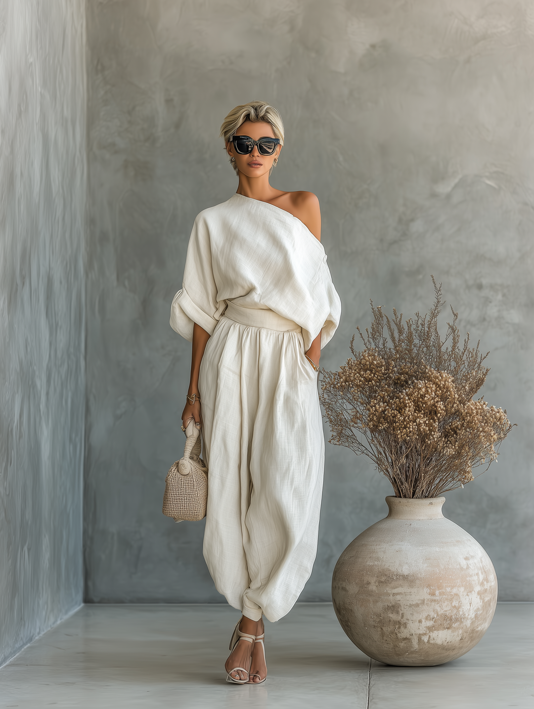 Lisa | Mehka majica z odprtimi rameni in tapered hlače